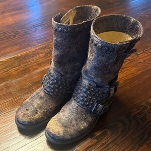 Frye Jenna Studded Harness Brown Leather Boots, Size 6